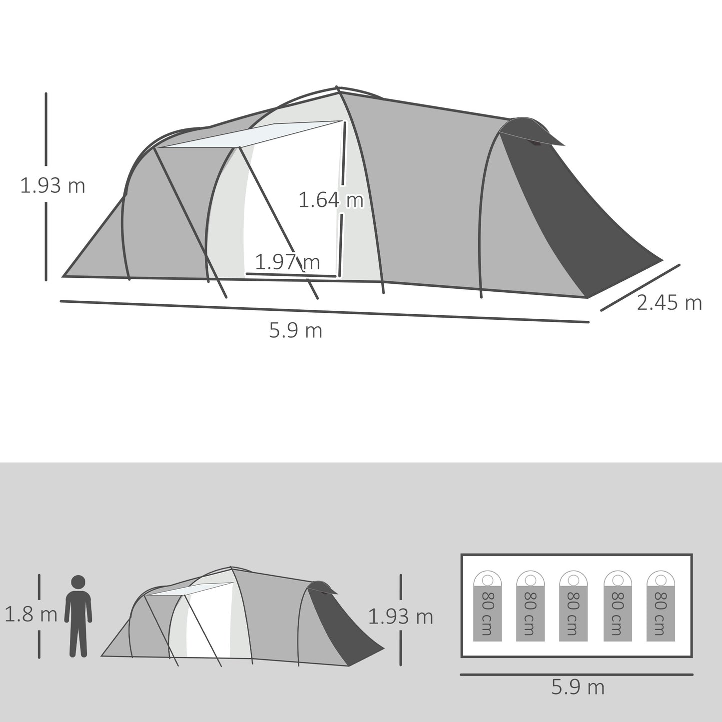 4-6 Man Tunnel Tent Camping Tent with 2 Bedroom, Vestibule, Bag, 2000mm Waterproof, UV50+ for Fishing, Hiking, Festival