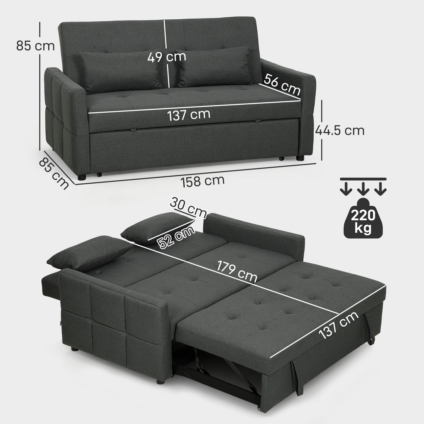 2 Seater Sofa Bed, Convertible Pull Out Bed Settee, Charcoal Grey