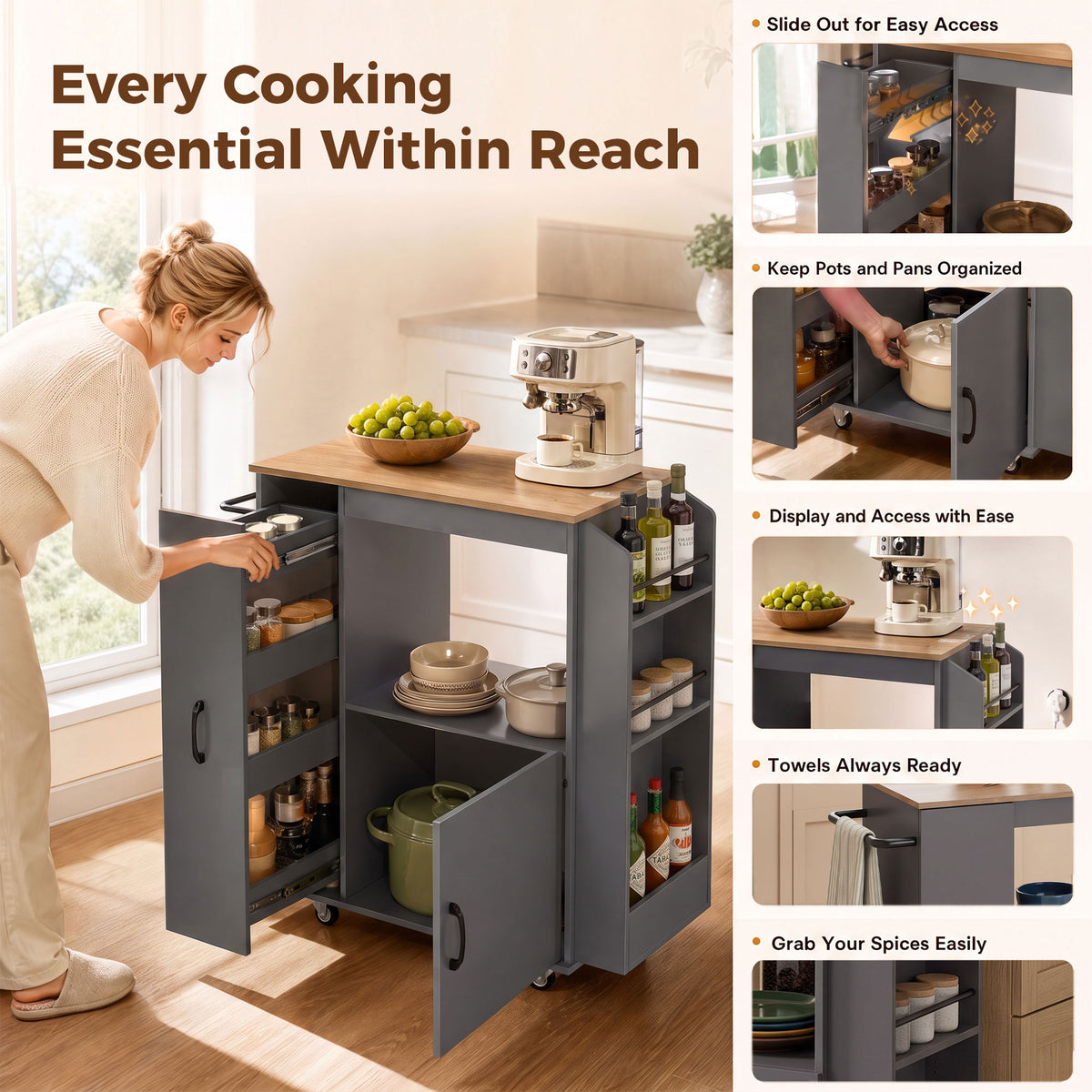 Kitchen Trolley on Wheels, Rolling Kitchen Cart with Power Outlet