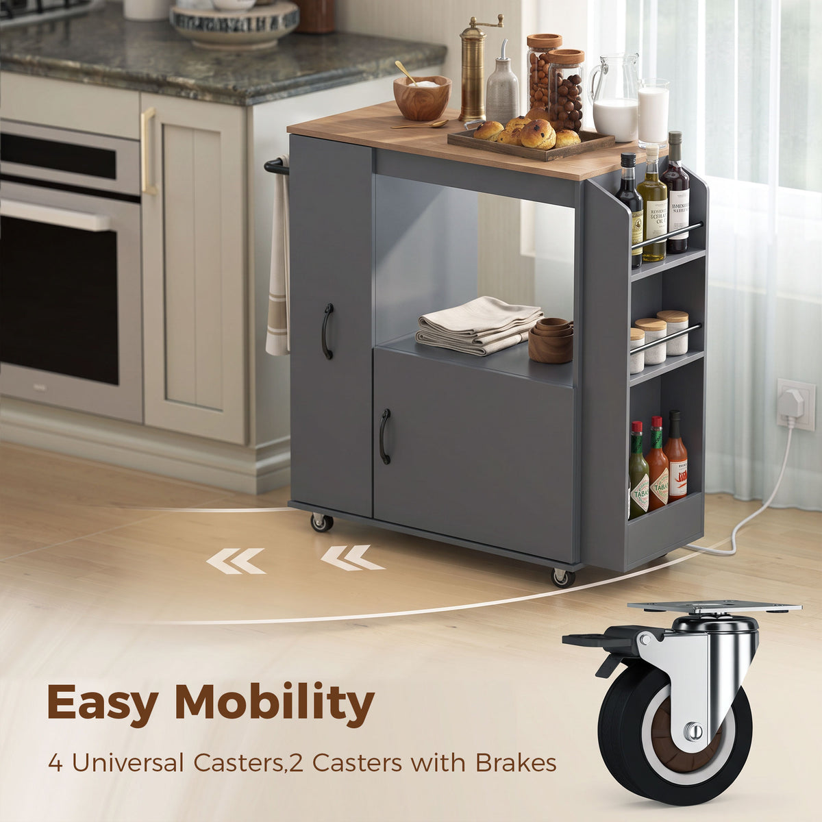 Kitchen Trolley on Wheels, Rolling Kitchen Cart with Power Outlet