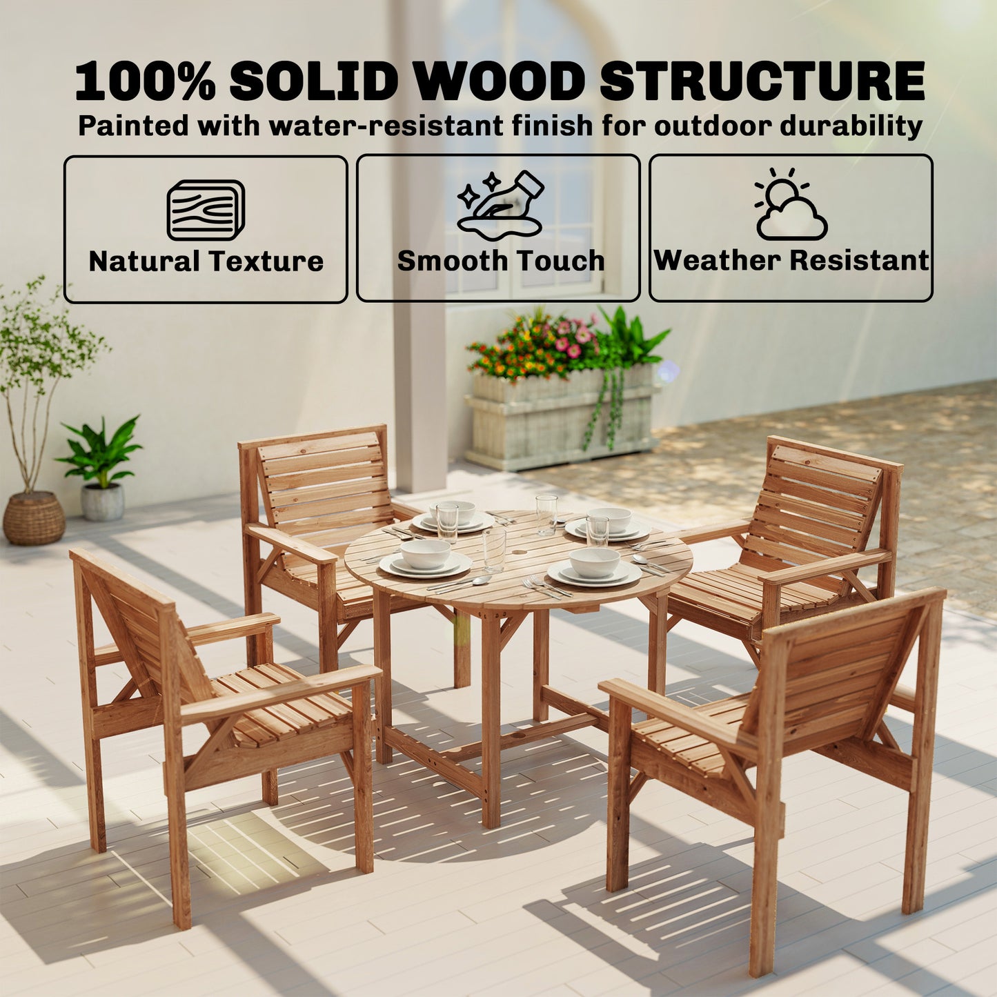 Garden Dining Set, Round Table and Chairs w/ Parasol Hole, Natural