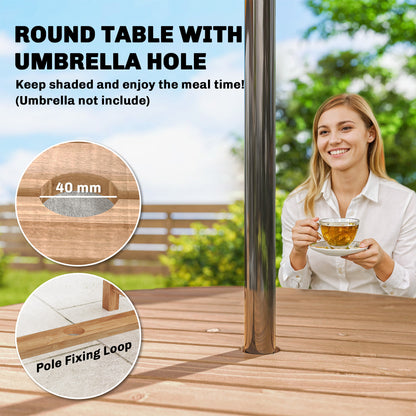 Garden Dining Set, Round Table and Chairs w/ Parasol Hole, Natural