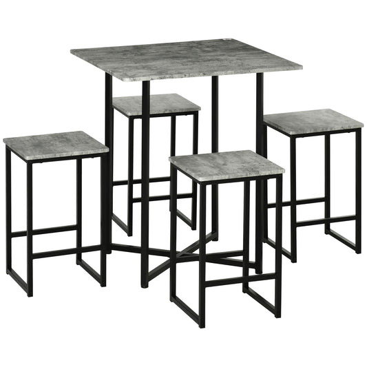 Concrete Effect Square Bar Table Set with Stools for 4 People Grey