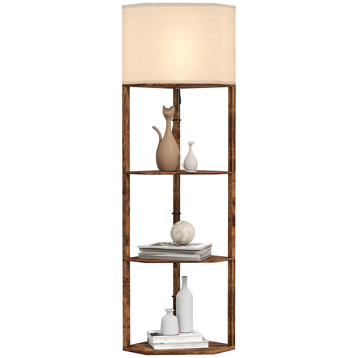 Corner Modern Floor Lamp with Shelves for Living Room, Rustic Brown