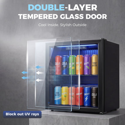50L Drinks Fridge, 48 Can Under Counter Freestanding Beer Fridge with Double-Layer Glass Door, Wine Cooler with LED Light, Adjustable Shelf, Beverage Cooler for Soda Beer, Home Office