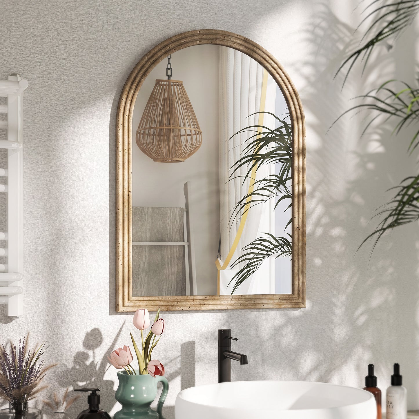 Modern Wall-Mounted Mirror with Grooved Edge, Brown