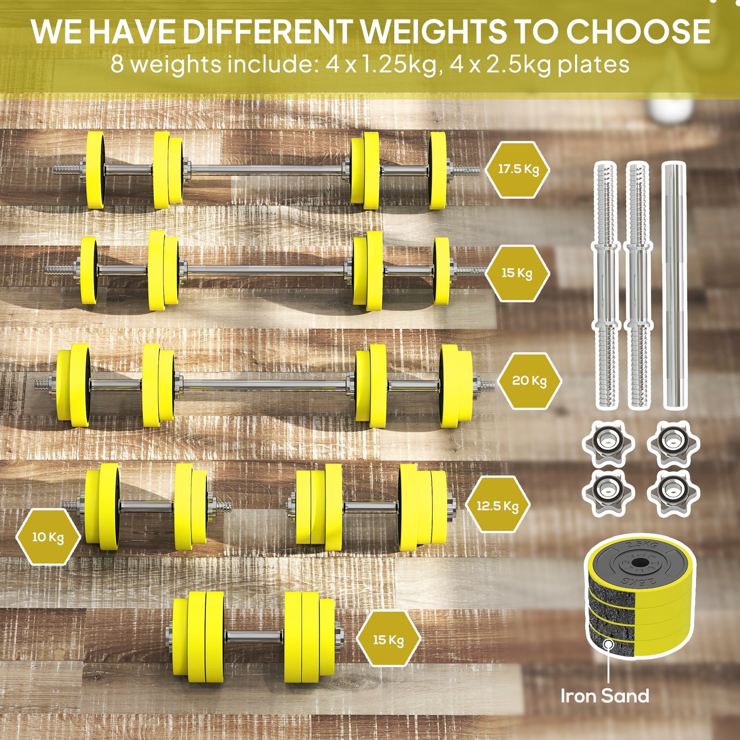 Adjustable 20KGS Barbell & Dumbbell Set for Home Gym, Yellow