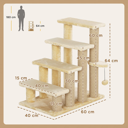 Pet Stairs, Cat Tree Climb Ladder with 4-step Stair, Scratching Posts, Platforms, Toy Ball, for Indoor Cats, Beige