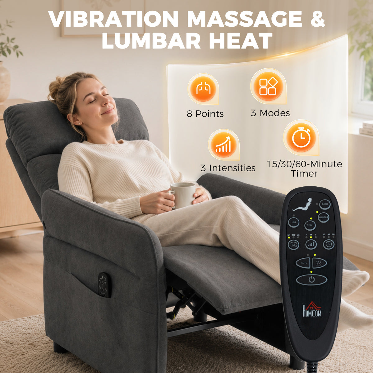 Recliner Armchair, Manual Recliner Chair, Massage & Heat, Dark Grey