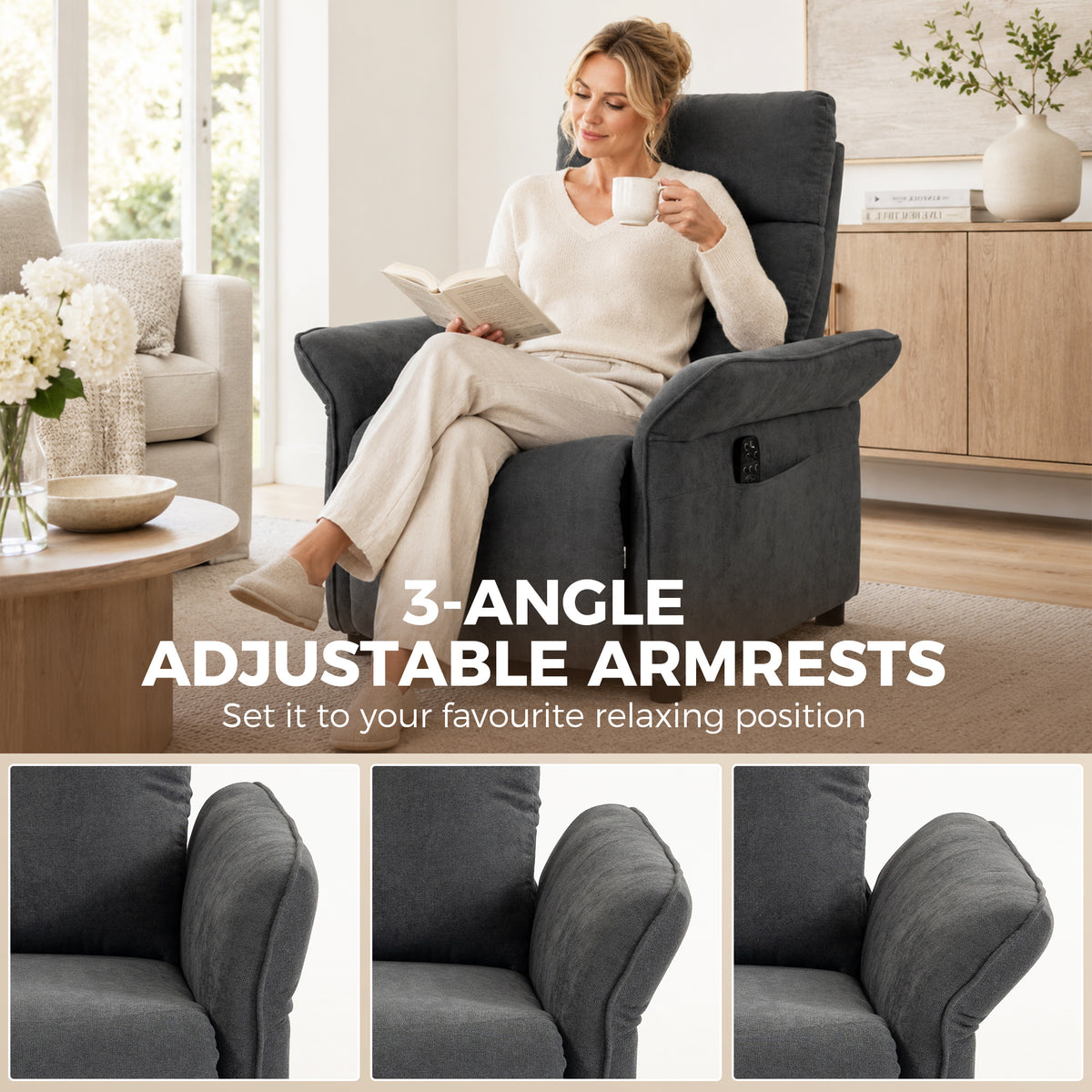 Recliner Armchair, Manual Recliner Chair, Massage & Heat, Dark Grey