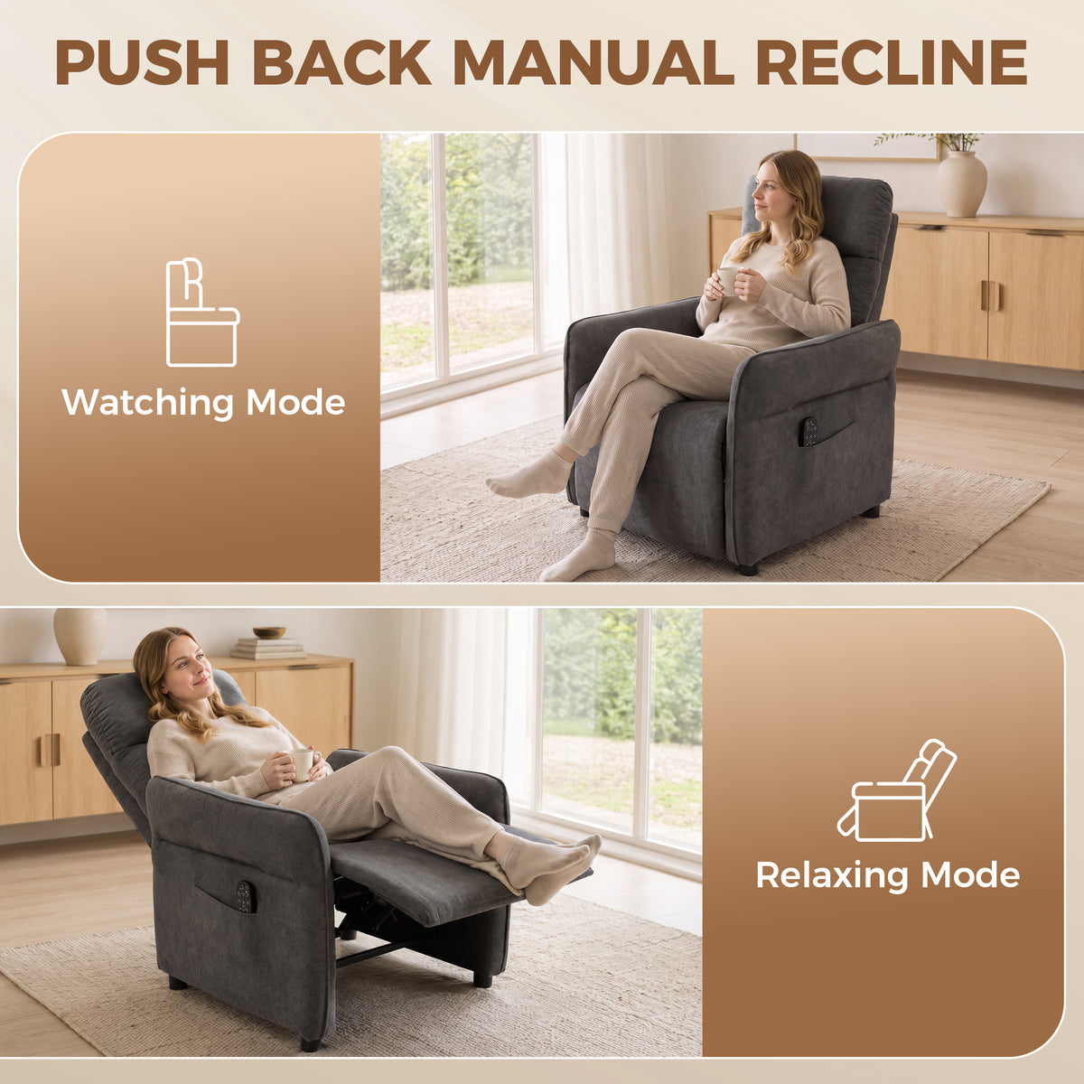 Recliner Armchair, Manual Recliner Chair, Massage & Heat, Dark Grey