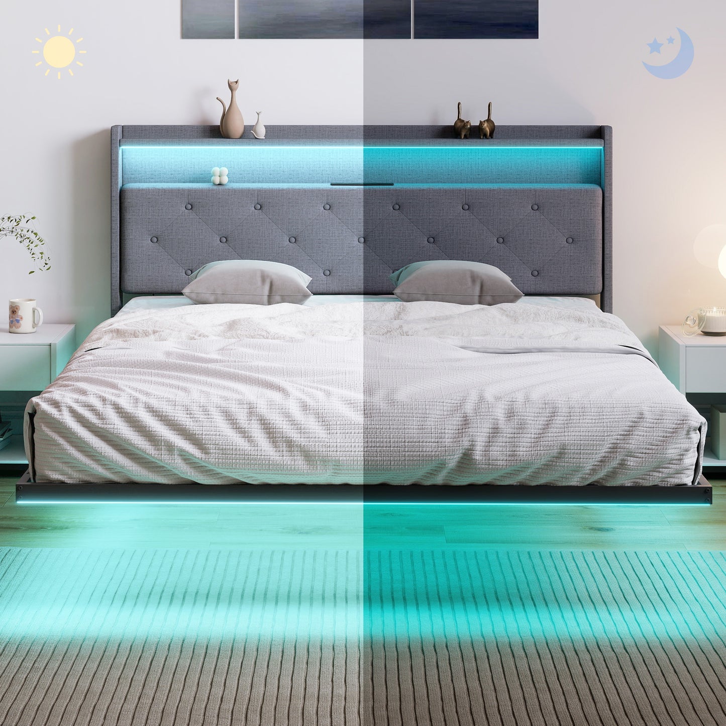 Floating Bed Frame with RGB Lights, Upholstered King Size Bed, Grey