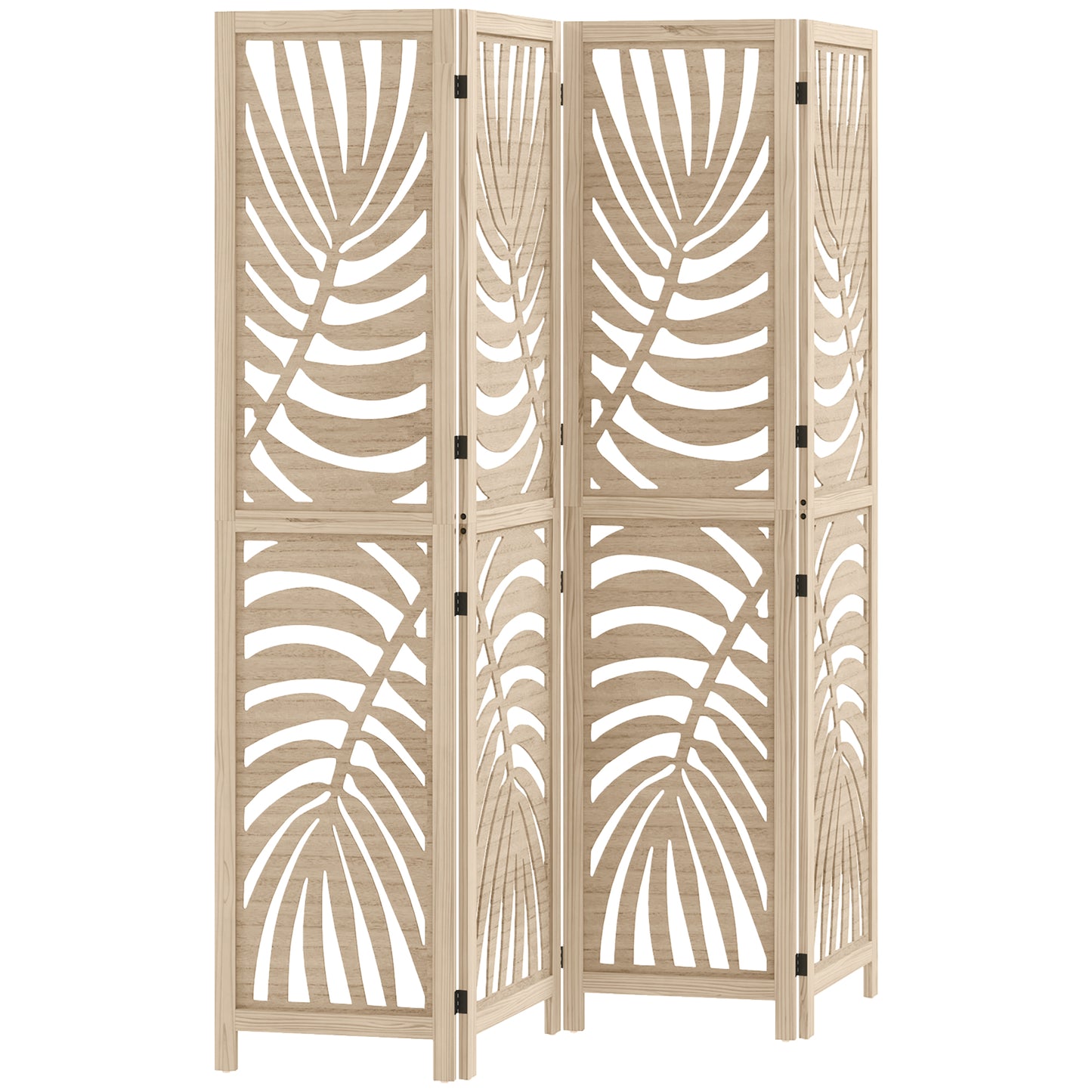 4 Panel Privacy Screens with Palm Leaf Design, Natural Wood Finish