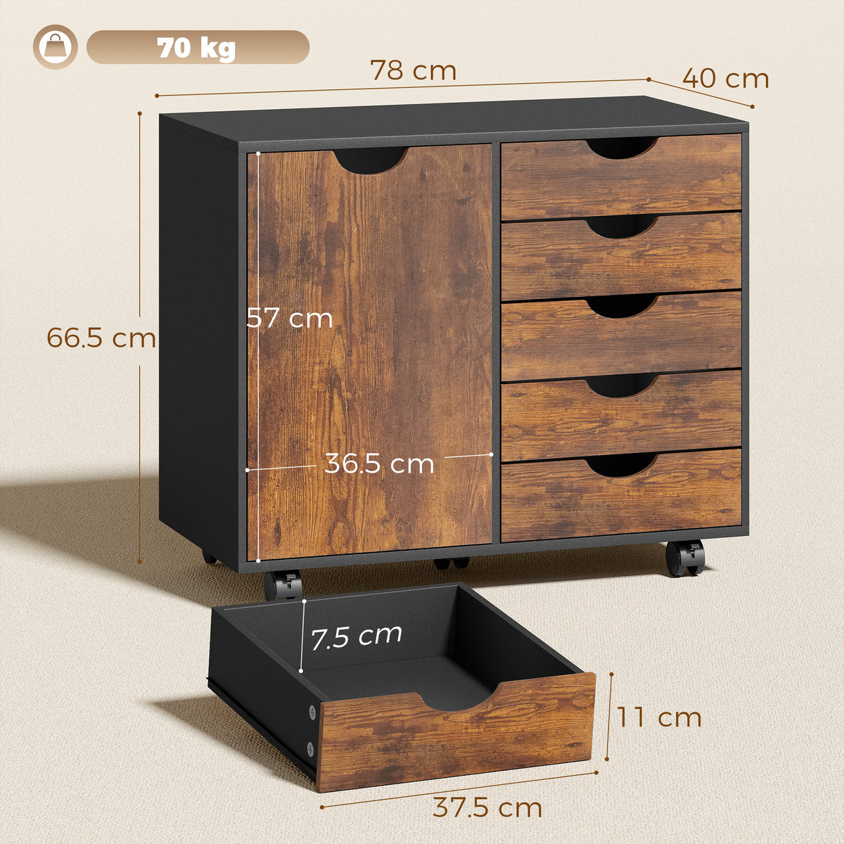 Modern Mobile 5-Drawer Cabinet w/ Door, Office Storage Cabinet