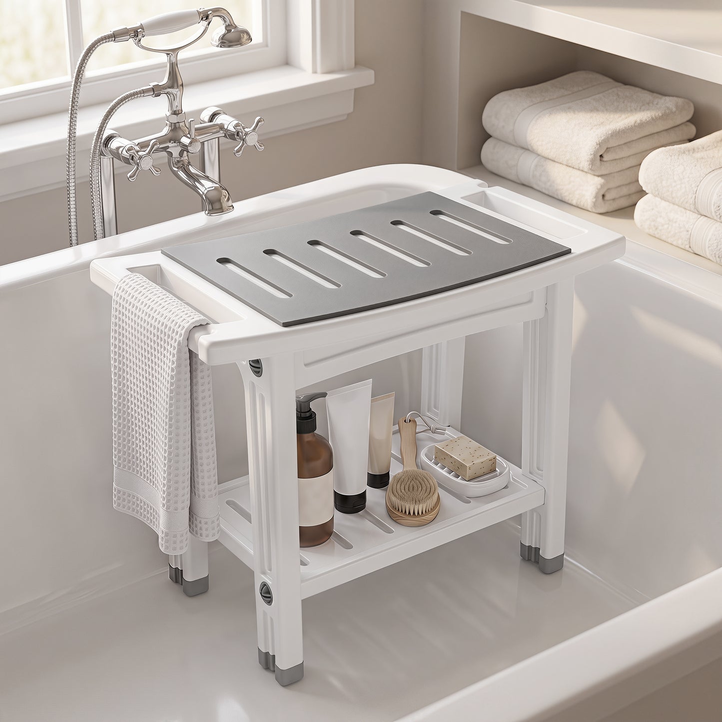 2-Tier Shower Bench with Shelf 4 Legs White and Grey