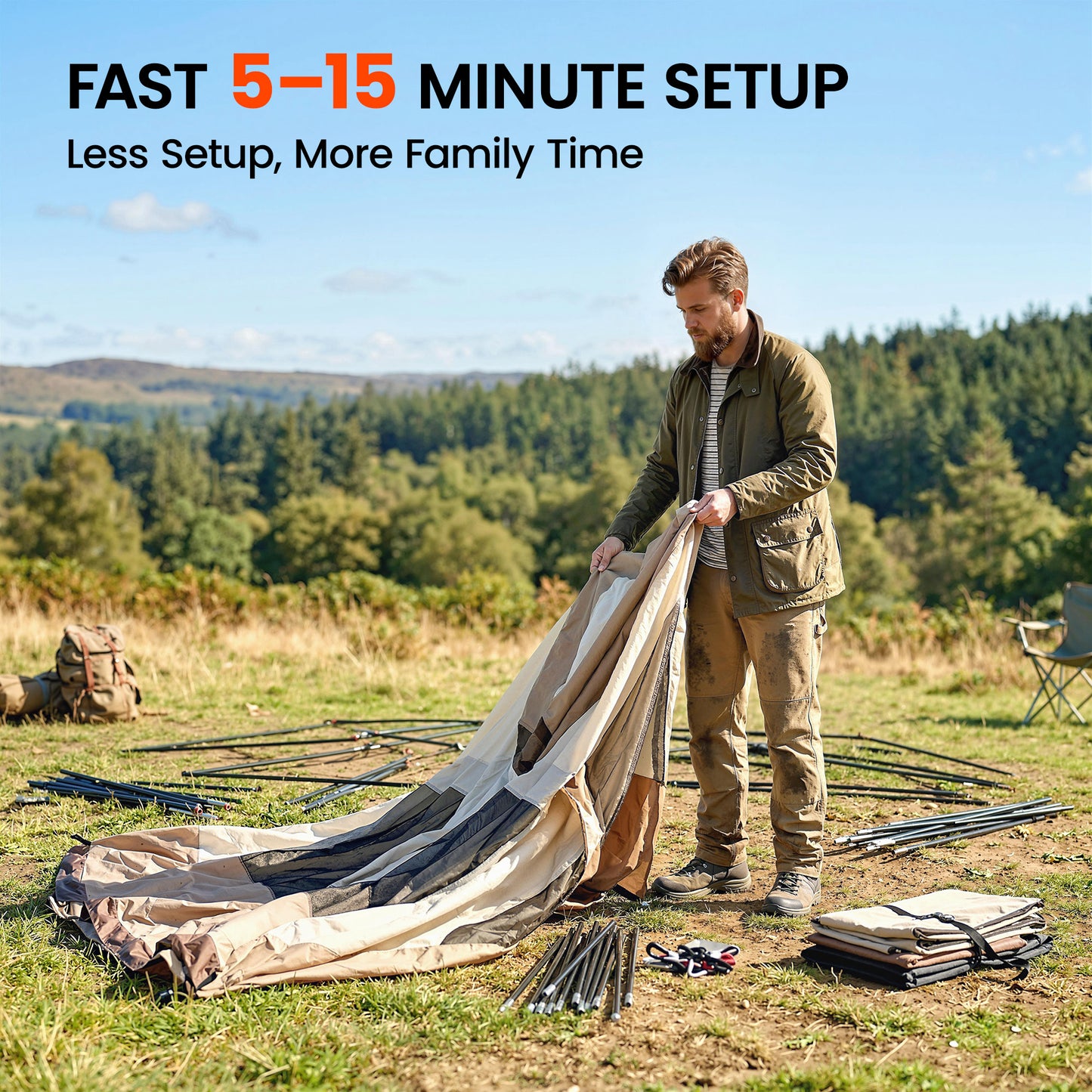 4 Person Easy Setup Family Camping Tent with 2 Rooms, Waterproof Tunnel Tent w/ Sewn In Groundsheet, Doors, Windows, Skylights and Carrying Bag, Brown & Khaki