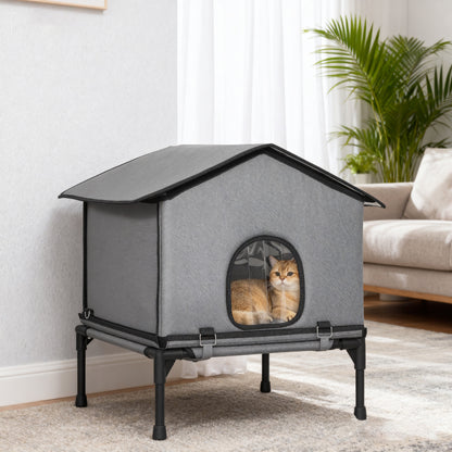 Outdoor Cat House, Feral Cat Shelter with Elevated Base, Grey