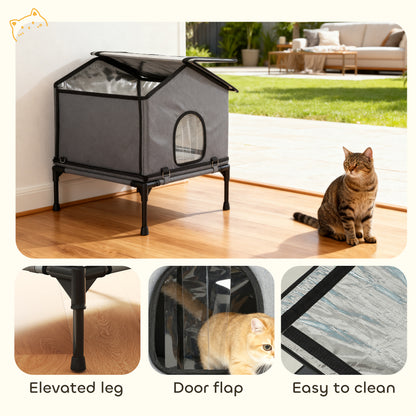 Outdoor Cat House, Feral Cat Shelter with Elevated Base, Grey