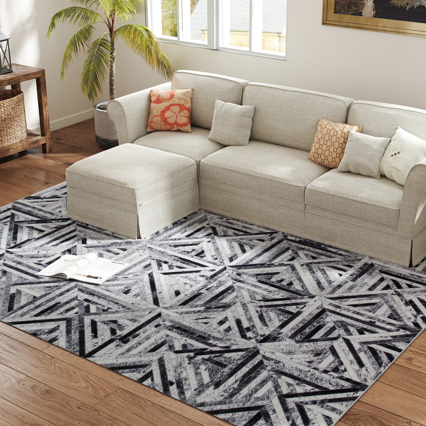 Non-Slip Washable Rug, Chenille Floor Carpet for Living Room, Black