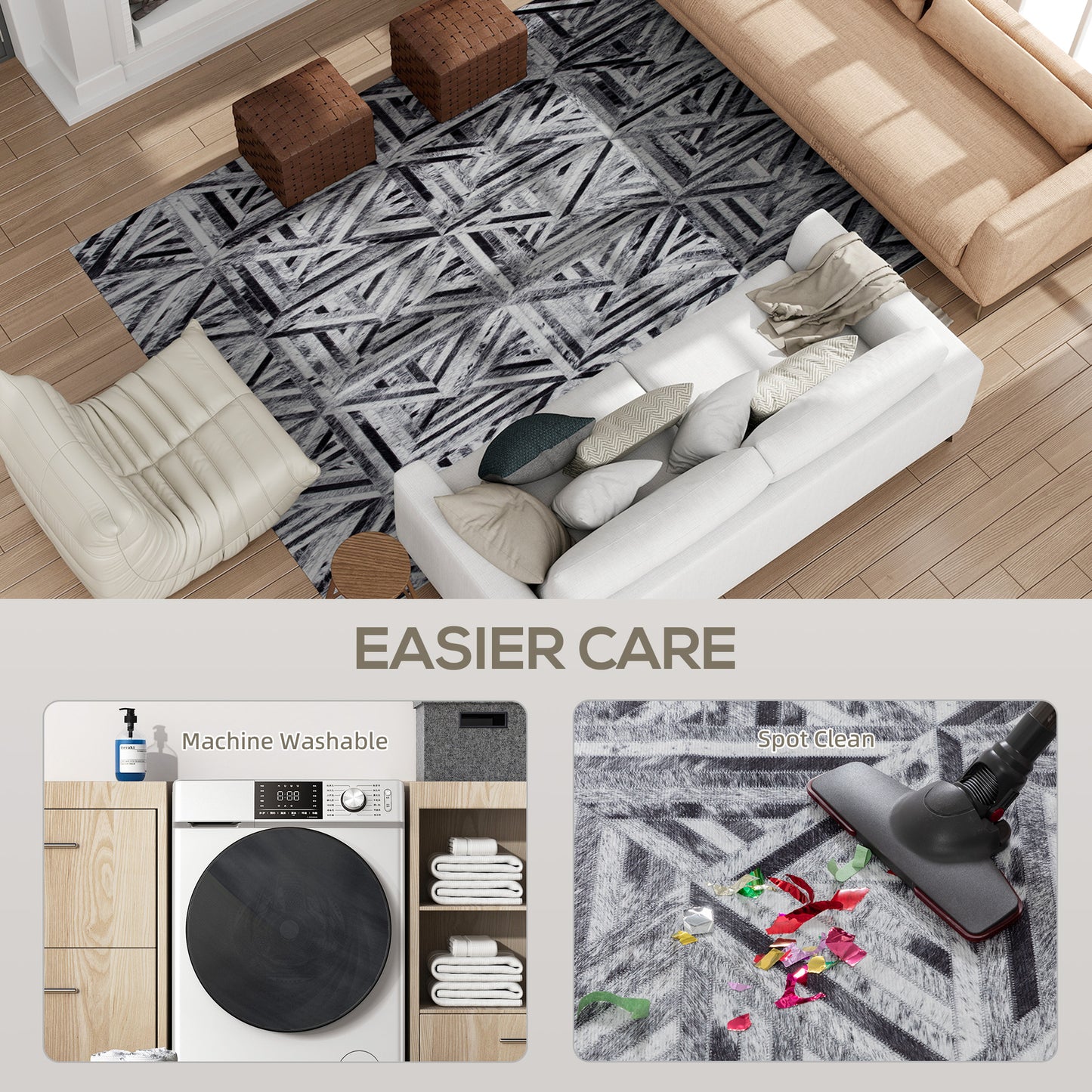 Non-Slip Washable Rug, Chenille Floor Carpet for Living Room, Black