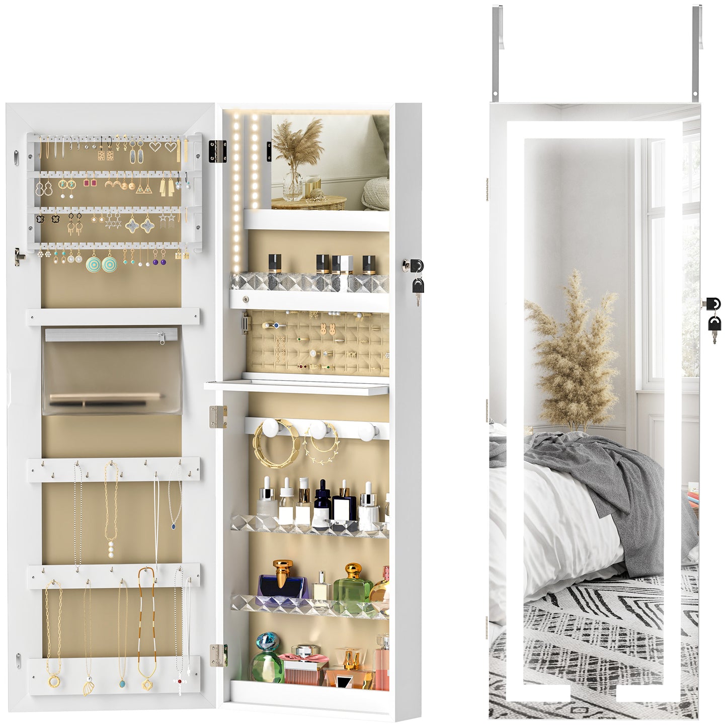 LED Mirror Jewellery Cabinet, Full Length Mirror with Storage, White