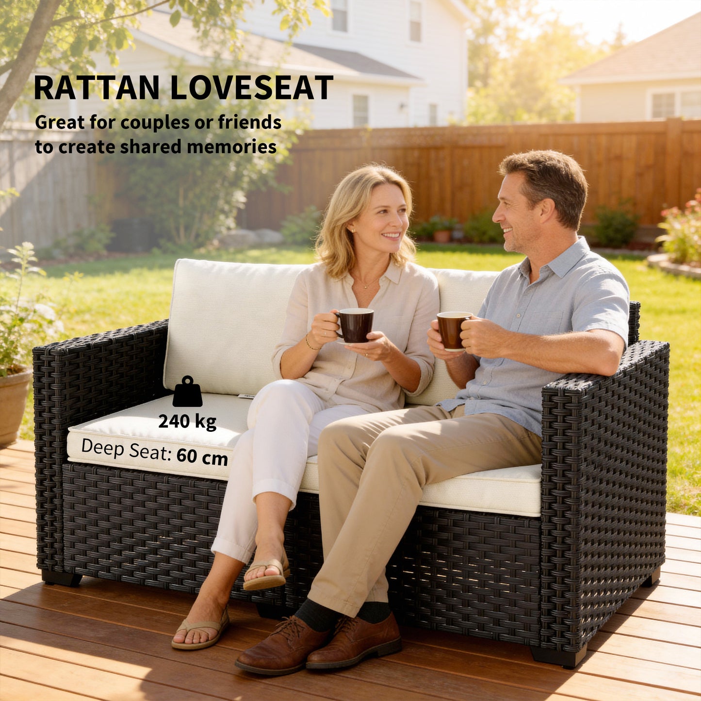 2 Seater Rattan Garden Sofa with Deep Seat, Wide Arms, Black