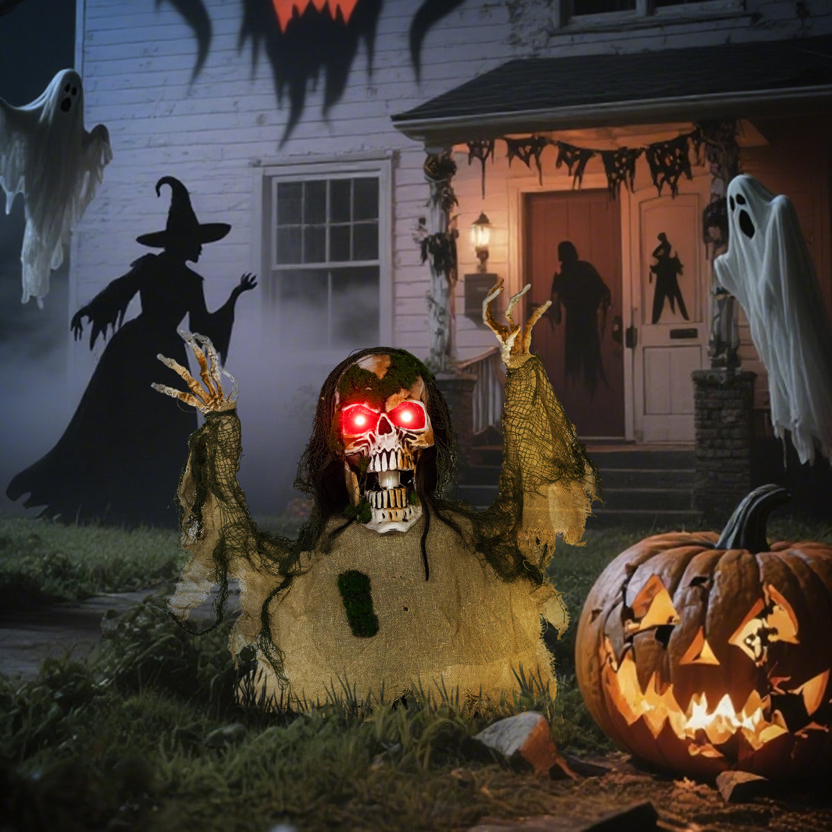 Sound-Activated Half-Body Halloween Skeleton with Moving Head and Body, Lights and Howling Sounds - Khaki