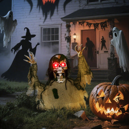 Sound-Activated Half-Body Halloween Skeleton with Moving Head and Body, Lights and Howling Sounds - Khaki