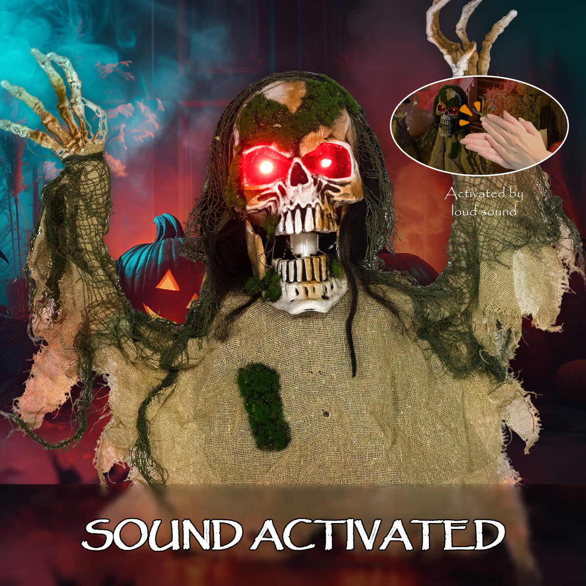 Sound-Activated Half-Body Halloween Skeleton with Moving Head and Body, Lights and Howling Sounds - Khaki