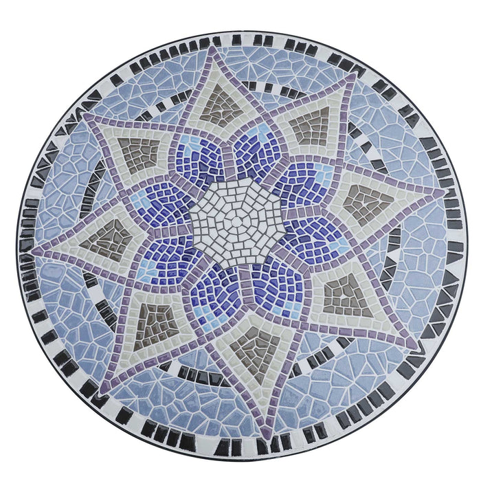 Outdoor Mosaic Round Garden Table, Patio Bistro Coffee Side Table with 60cm Ceramic Top for Garden, Blue and White