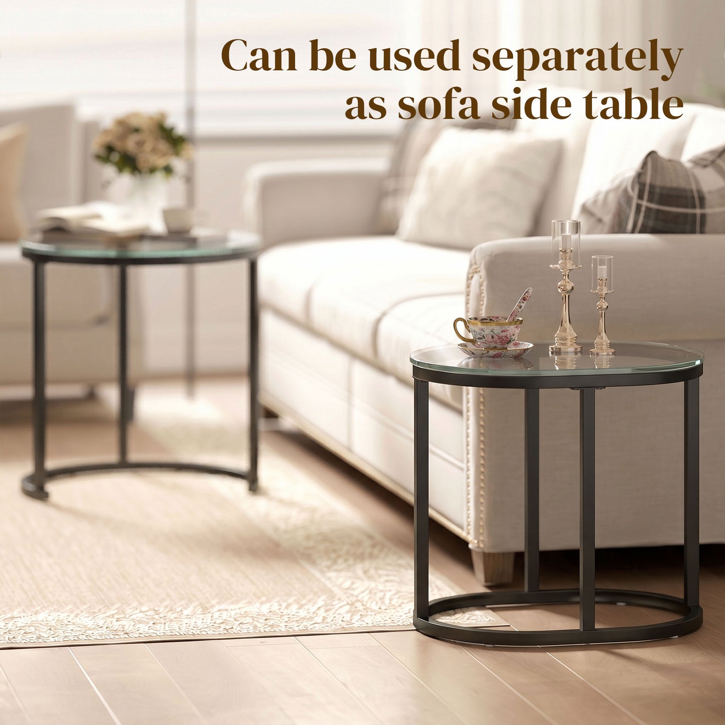 Modern Coffee Table Set of 2, Nest of Tables with Steel Frame and Tempered Glass Tabletop, Side Tables for Living Room Bedroom, Black and Clear