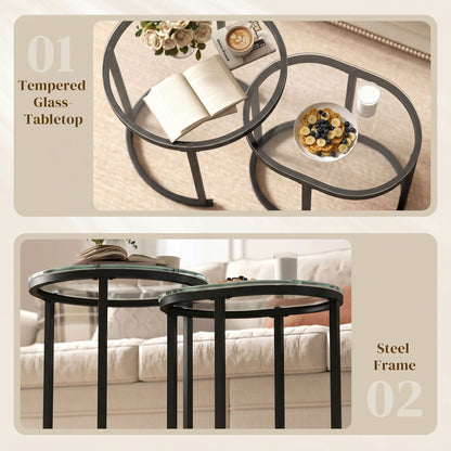 Modern Coffee Table Set of 2, Nest of Tables with Steel Frame and Tempered Glass Tabletop, Side Tables for Living Room Bedroom, Black and Clear