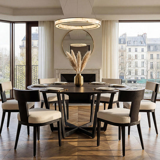 Juno Circular Dining Table and 6 Vista Dining chairs