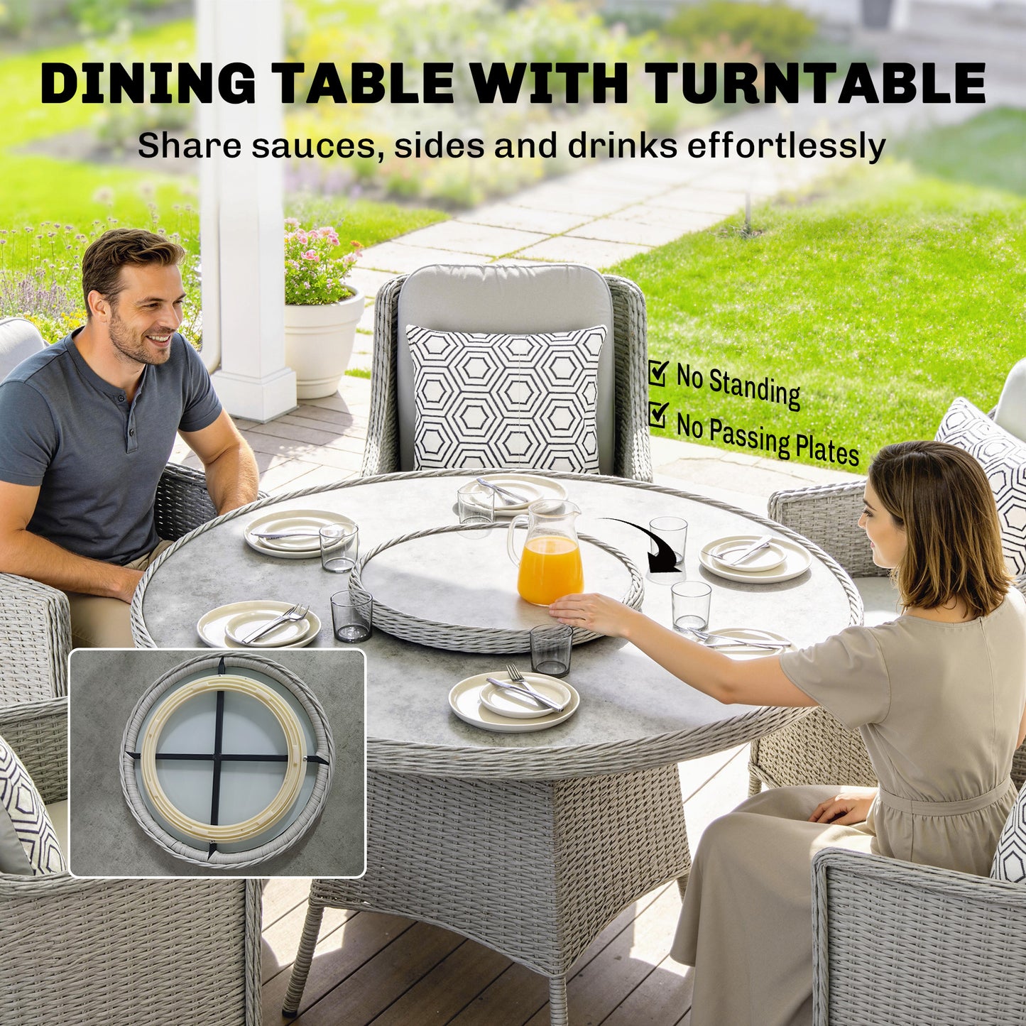 Rattan Garden Dining Set with Turntable, Aluminium Frame, Grey