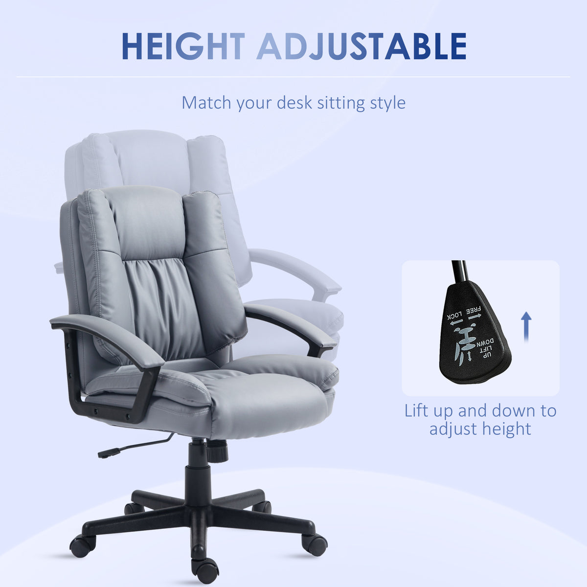 Height-Adjustable Faux Leather Swivel Office Chair with Arms - Light Grey