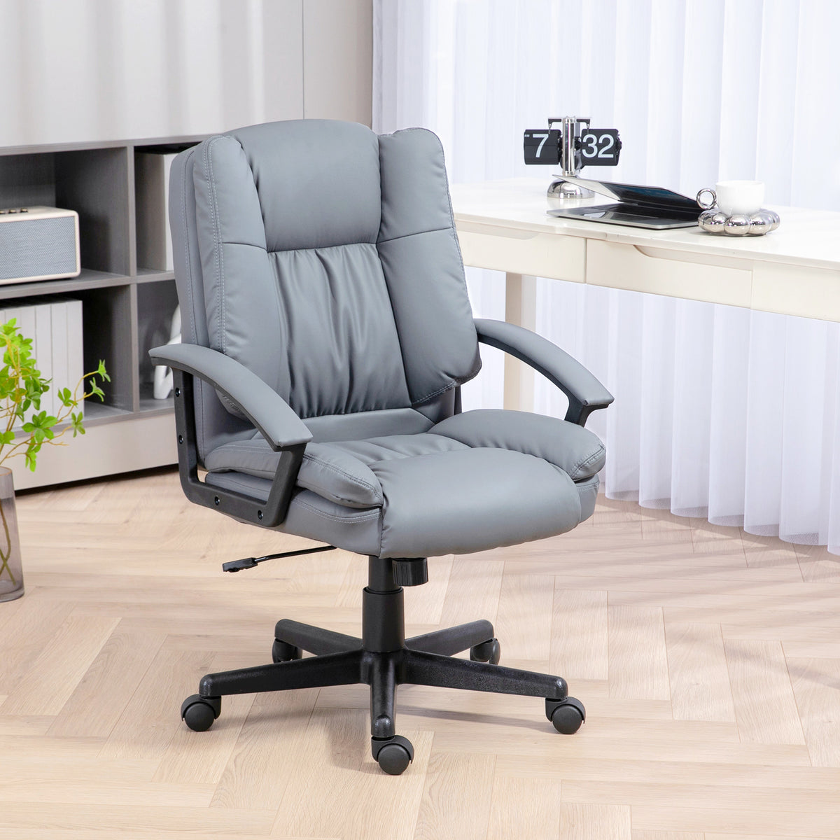 Height-Adjustable Faux Leather Swivel Office Chair with Arms - Light Grey
