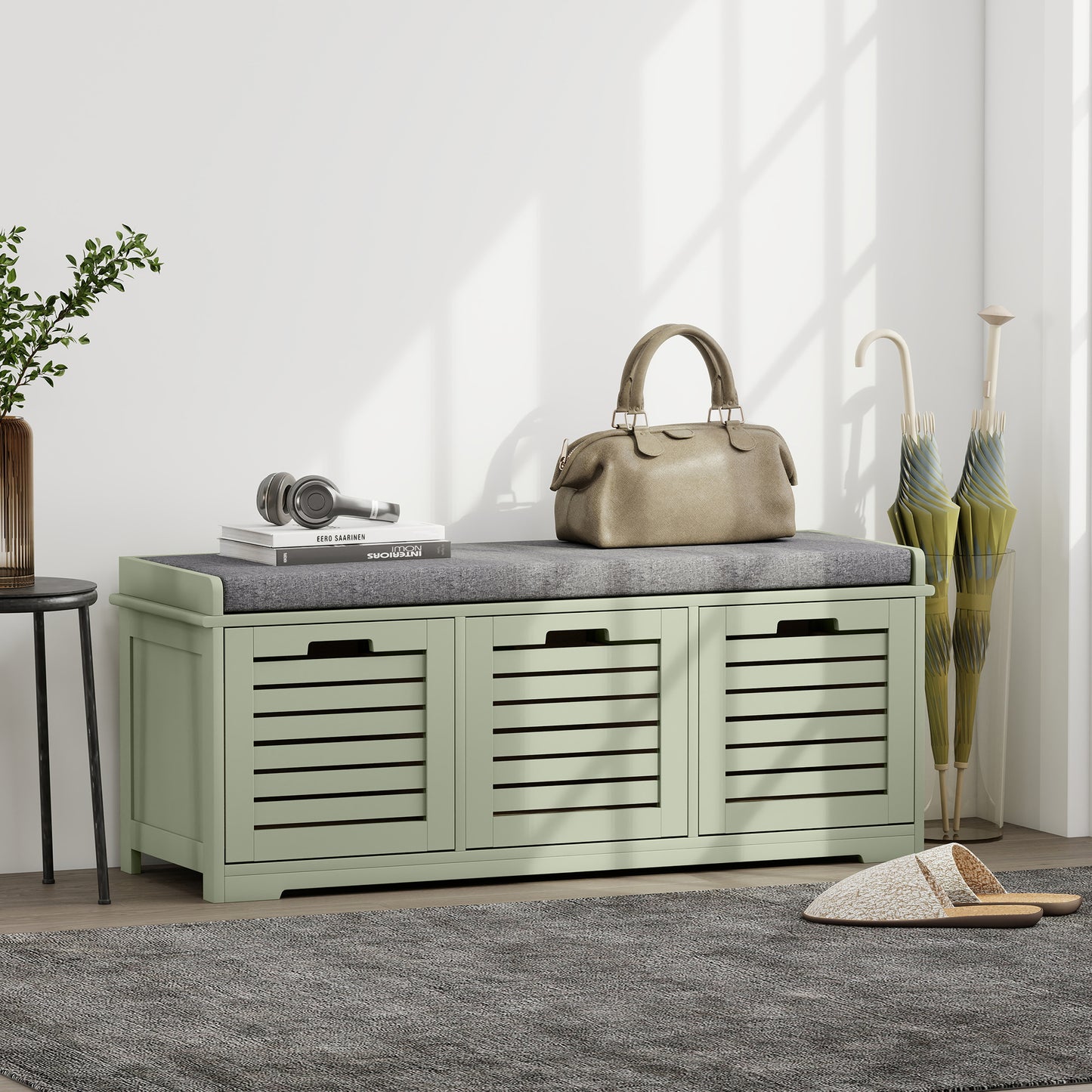 3-Door Shoe Storage Bench Cushion Seat Slatted Doors, Green