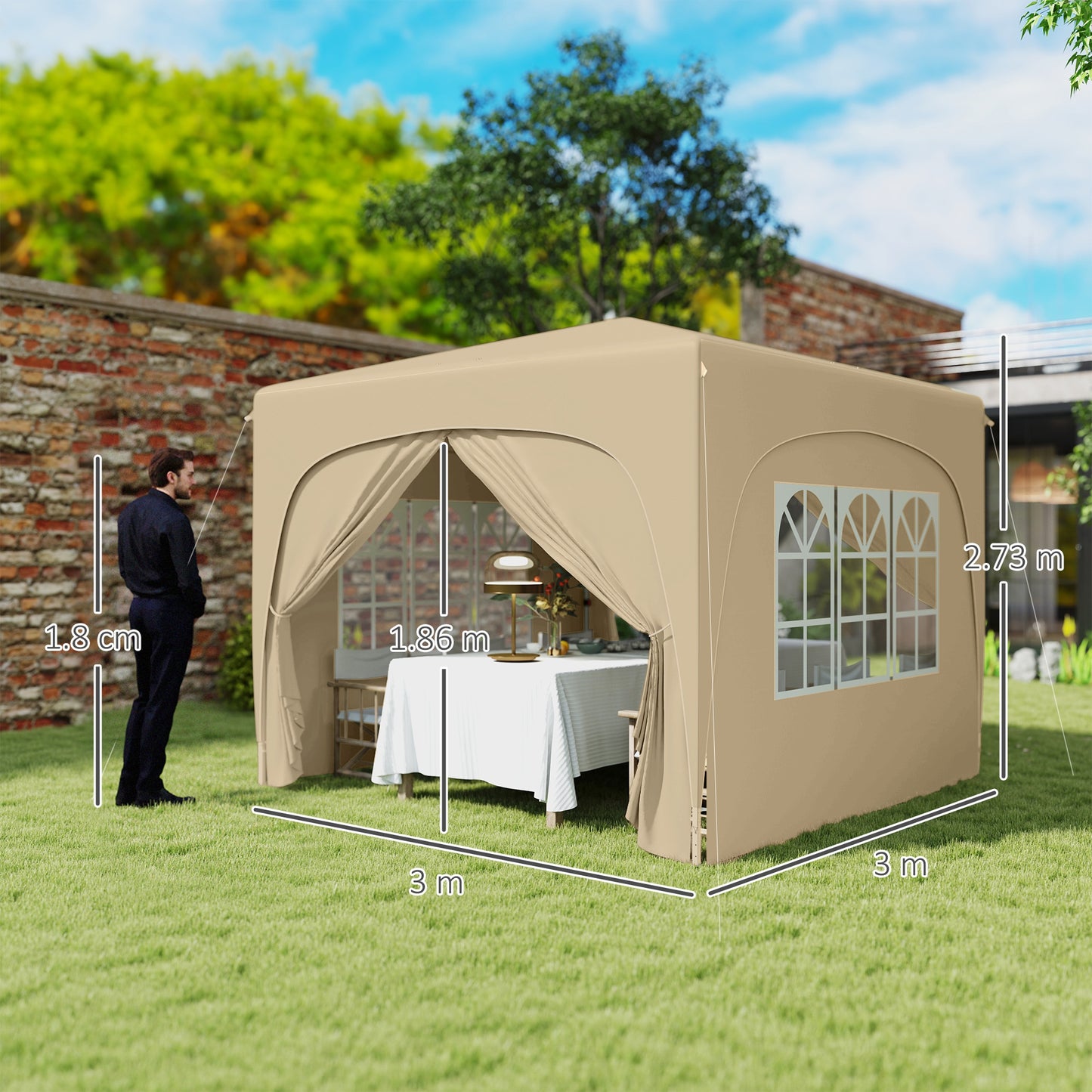 3 x 3(m) UPF50+ Pop Up Gazebo with Sides and Carry Bag, Sand