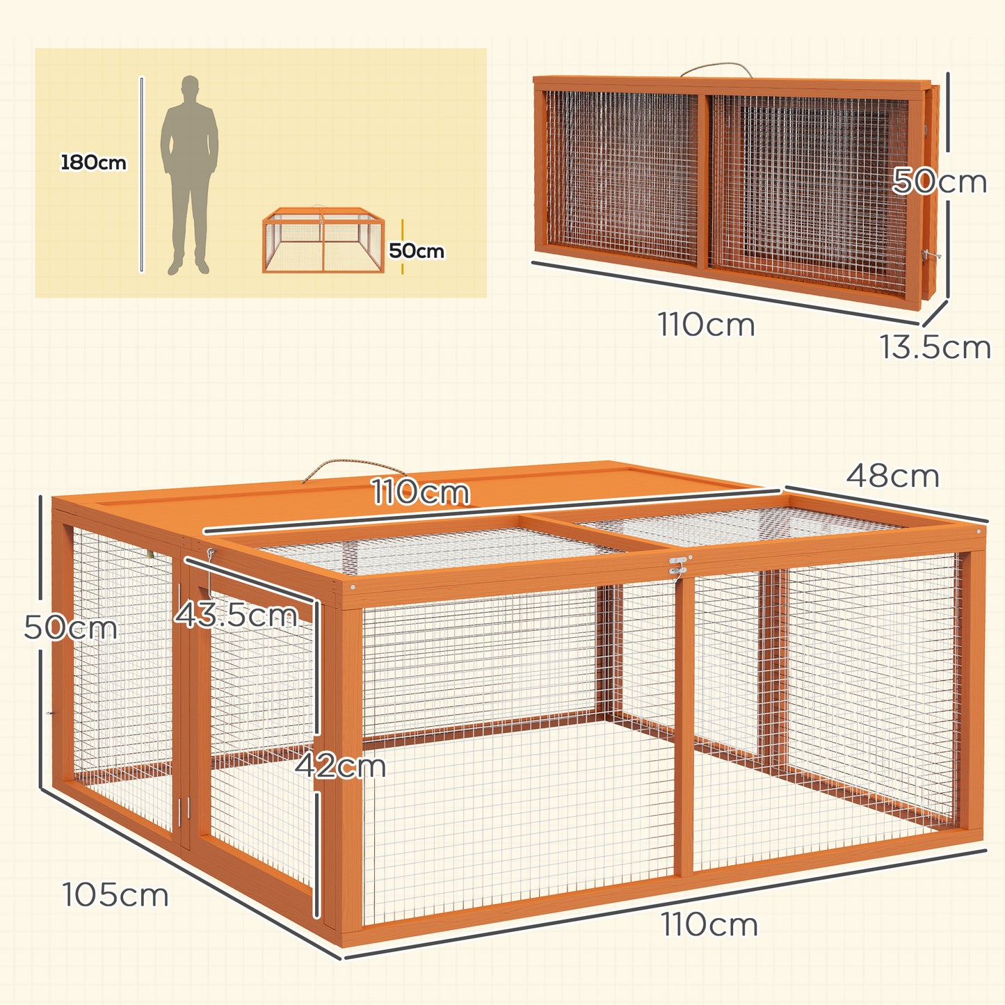 Rabbit Hutch, Folding Wooden Rabbit Run with Openable Top, Orange
