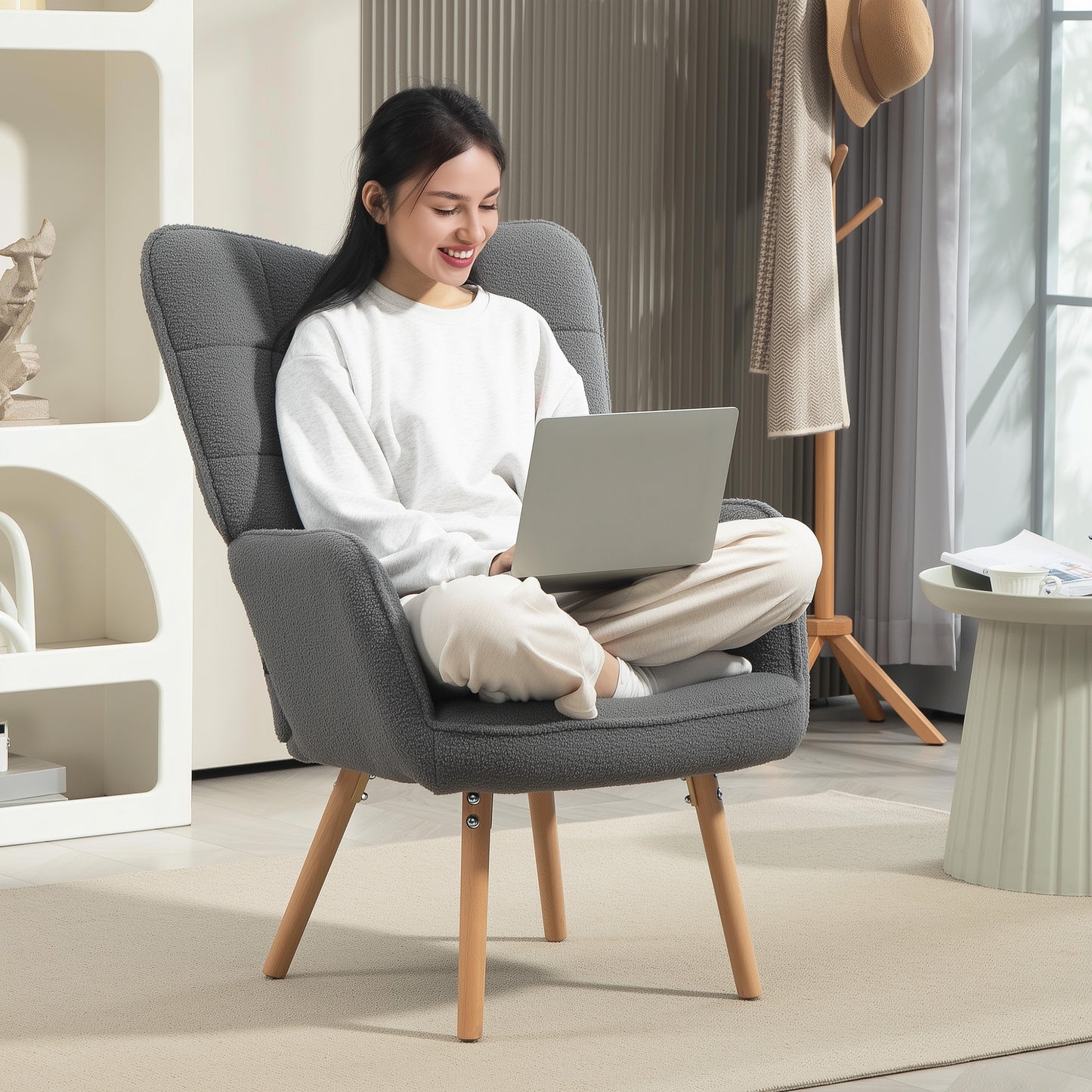 Upholstered Tufted Wingback Armchair with Seat Padding, Dark Grey