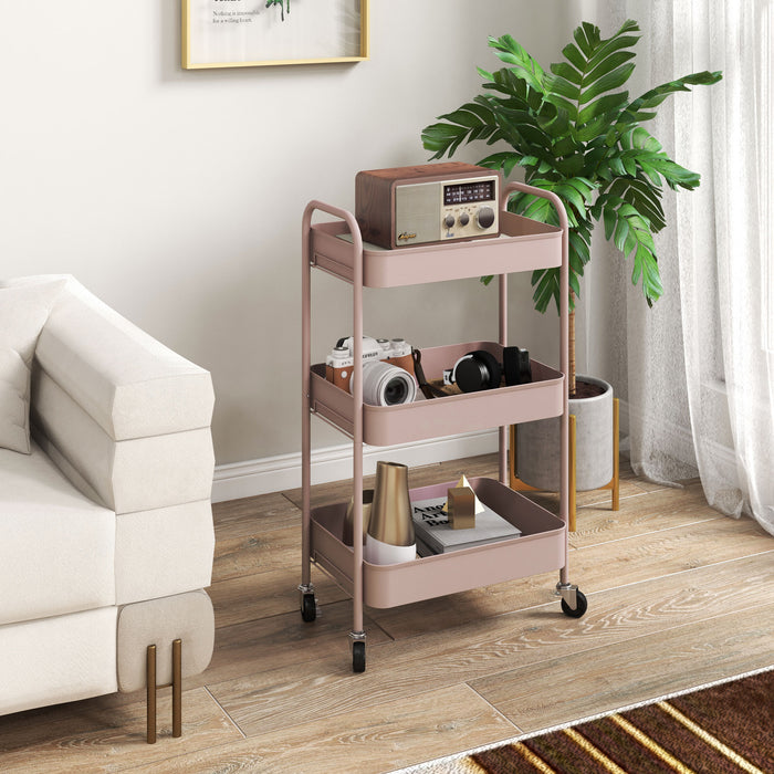 3 Tier Rolling Utility Cart with 3 Mesh Basket, Pink