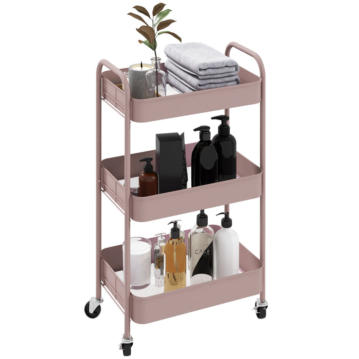 3 Tier Rolling Utility Cart with 3 Mesh Basket, Pink