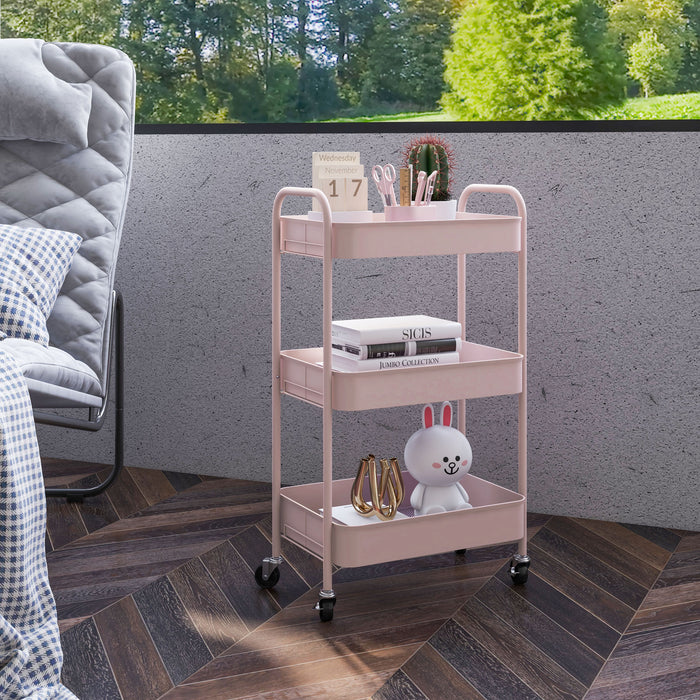 3 Tier Rolling Utility Cart with 3 Mesh Basket, Pink