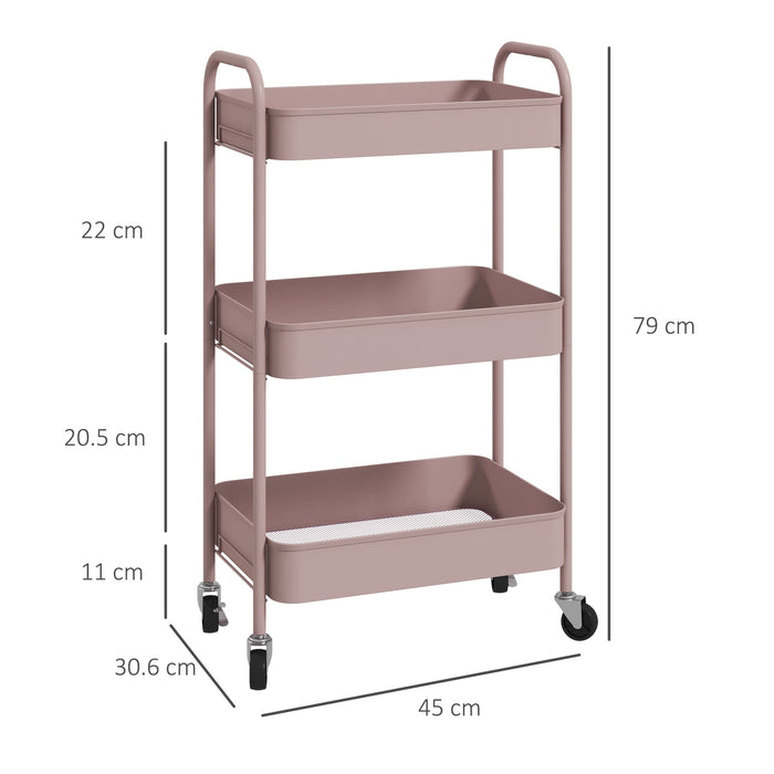 3 Tier Rolling Utility Cart with 3 Mesh Basket, Pink