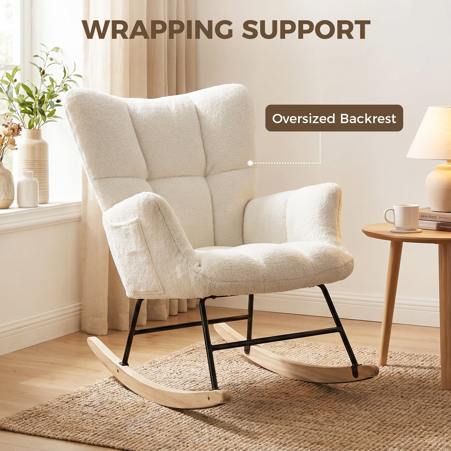 Tufted Rocking Chair with Side Pockets, Cream White