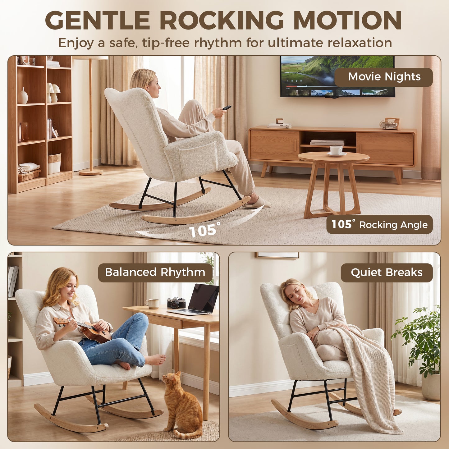 Tufted Rocking Chair with Side Pockets, Cream White