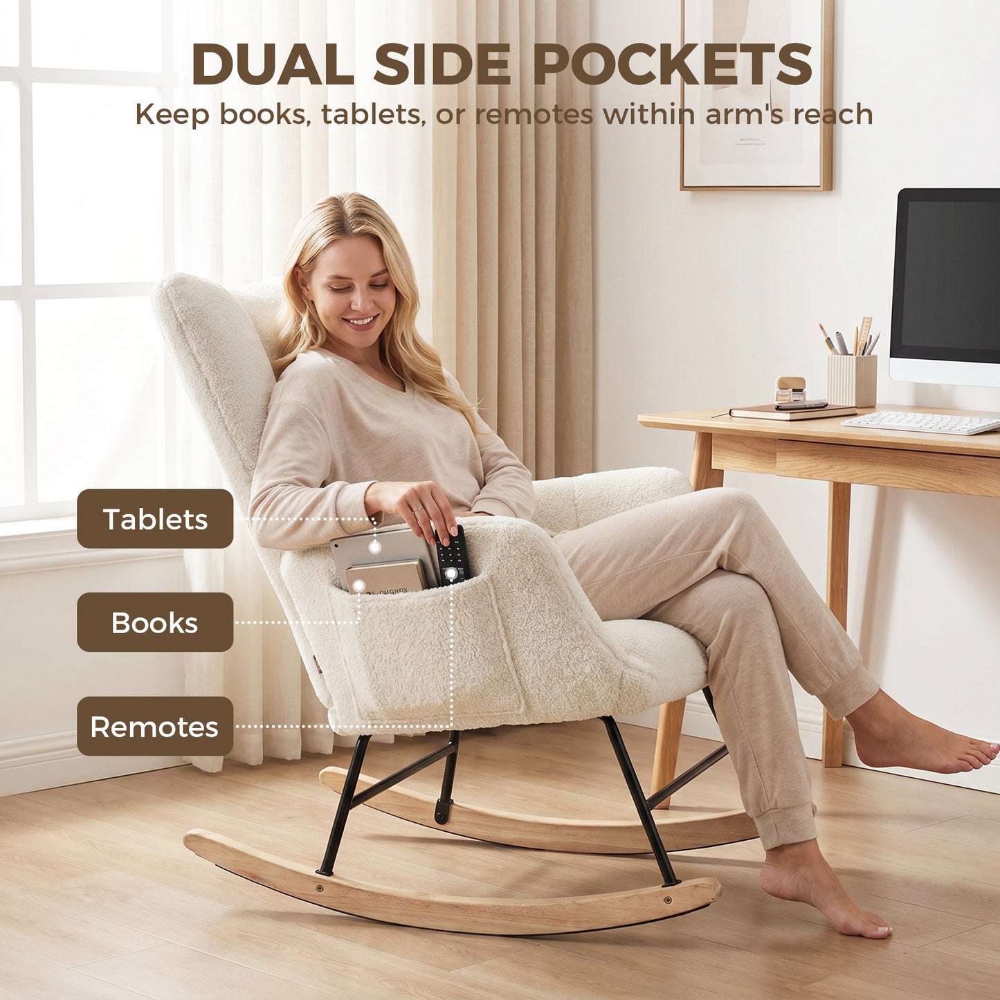 Tufted Rocking Chair with Side Pockets, Cream White