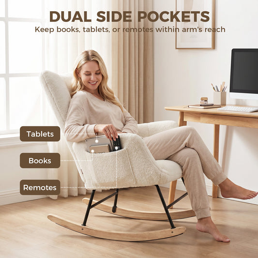 Tufted Rocking Chair with Side Pockets, Cream White