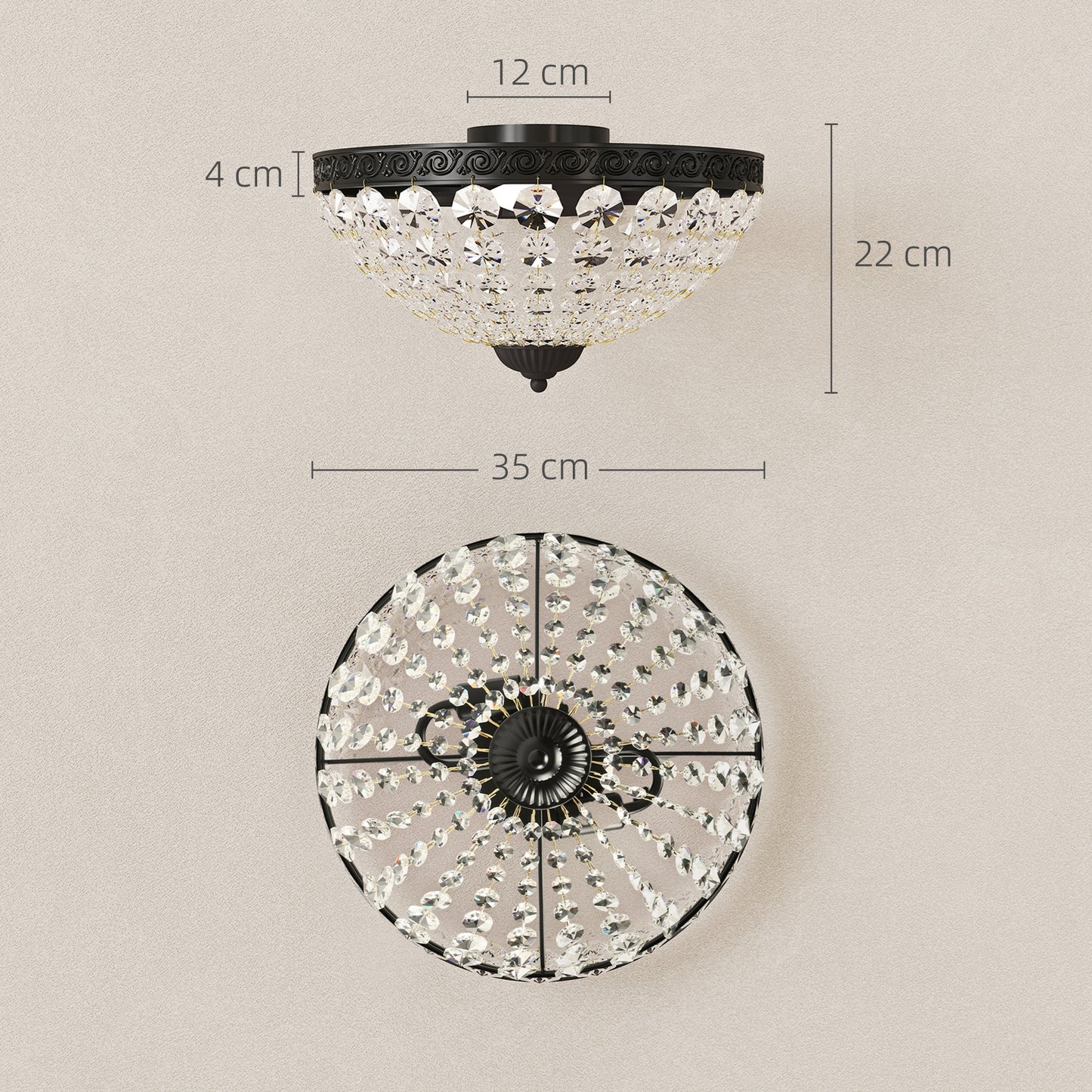Chandelier Crystal Ceiling Light with E14 Base 2-Lights, Black