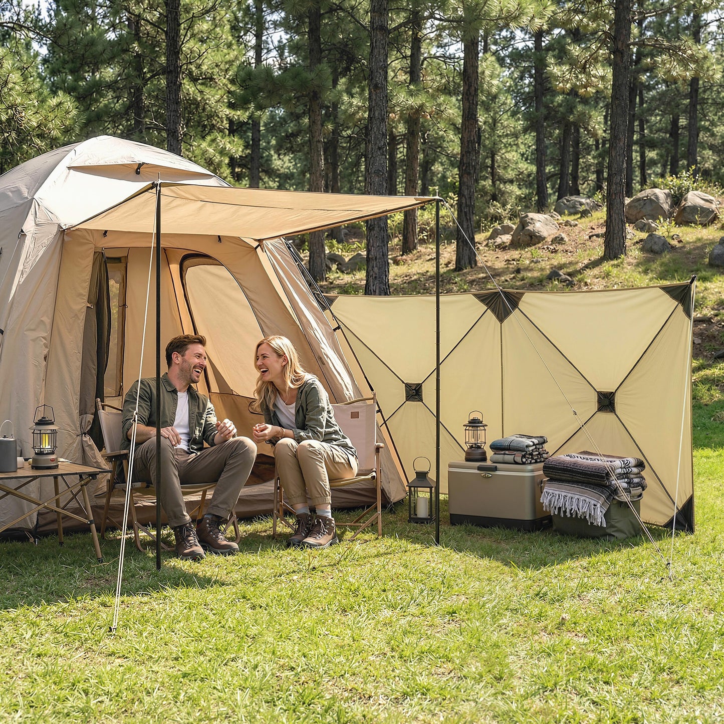 Camping Windbreak, Pop Up Hub Frame Windbreaker Blocker, Khaki